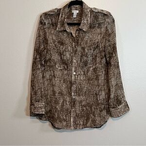 Chico’s Women’s Size 1 (Med 8) Brown Animal Print Snake Skin Blouse Sheer Shirt